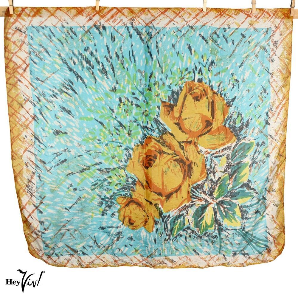 Vintage Silk Scarf 30x34 Large Floral Abstract Roses Blue Orange Flowy - Hey Viv